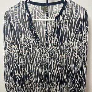 Fei 100% Silk Blue & Cream Abstract Print Blouse | Size 12 | Sheer Long Sleeve